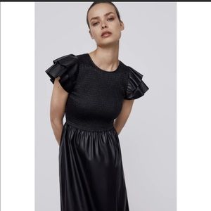Zara Faux Leather Smoked Top Dress Black Midi